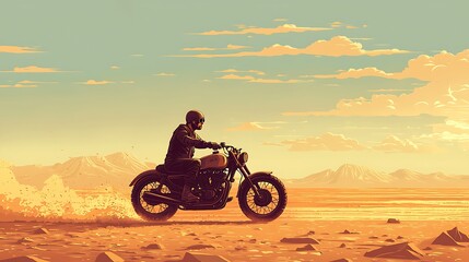 Adventurous Motorcycle Ride through a Desert Landscape at Sunset with Vibrant Sky and Mountain Ranges in the Background