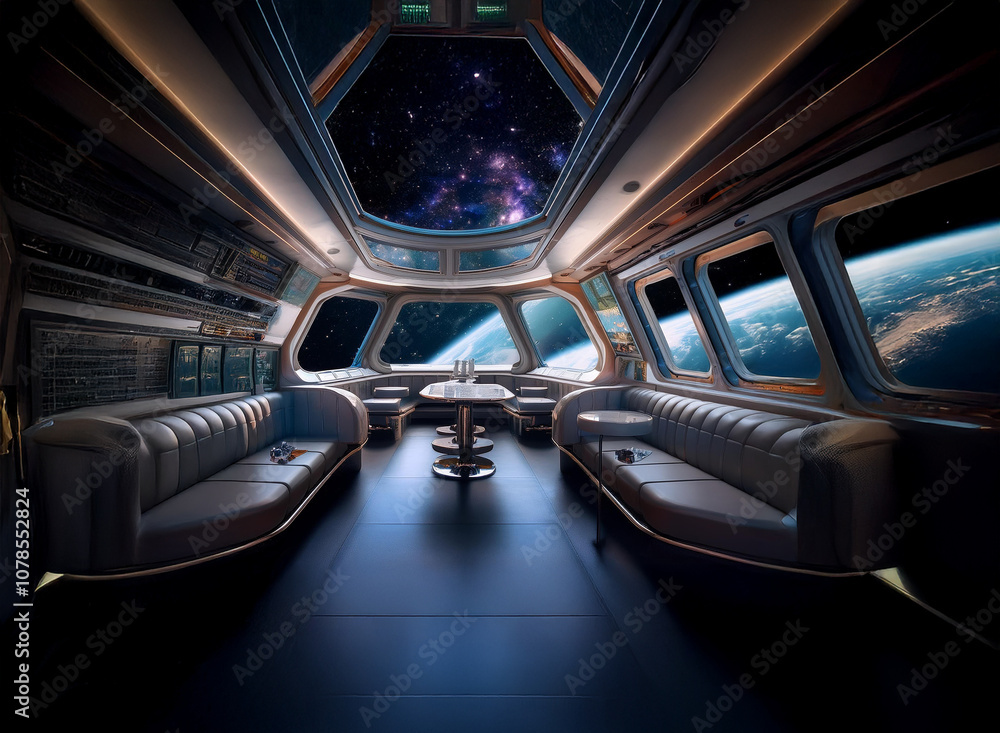 Poster a futuristic spaceship interior with large windows looking out onto earth and a view of the starry n