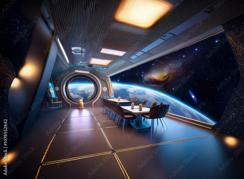 Poster a futuristic dining room with a large window overlooking a view of earth from space.