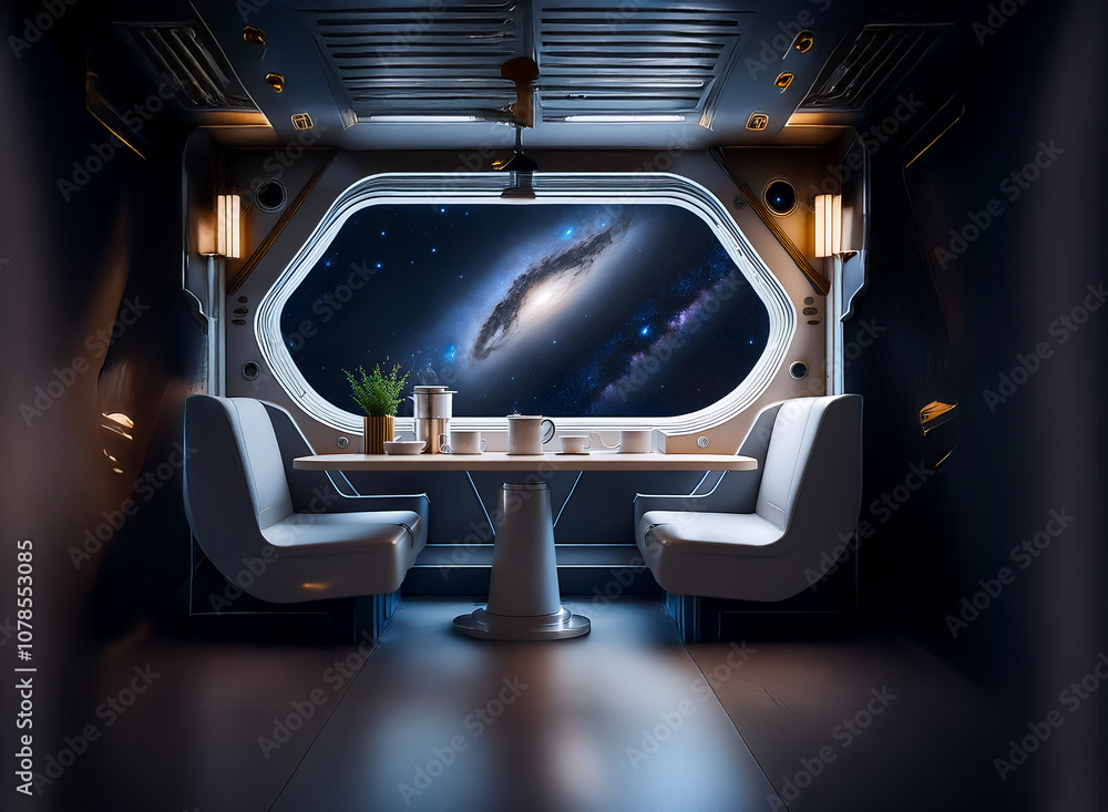 Aufkleber a futuristic dining room with a large window overlooking a stunning view of a galaxy in space.