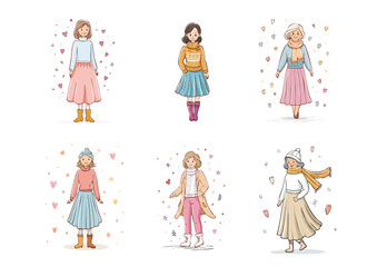 冬のファッションのかわいい女性のイラストセット