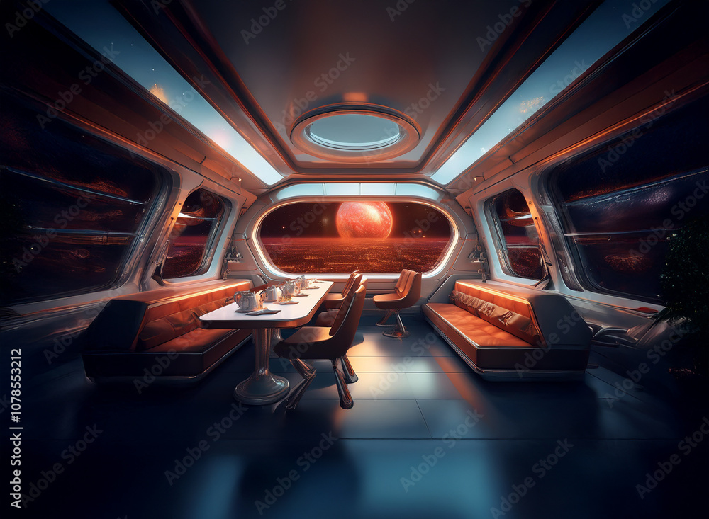 Poster A futuristic dining room with large windows offering a view of a red planet and a starry sky.