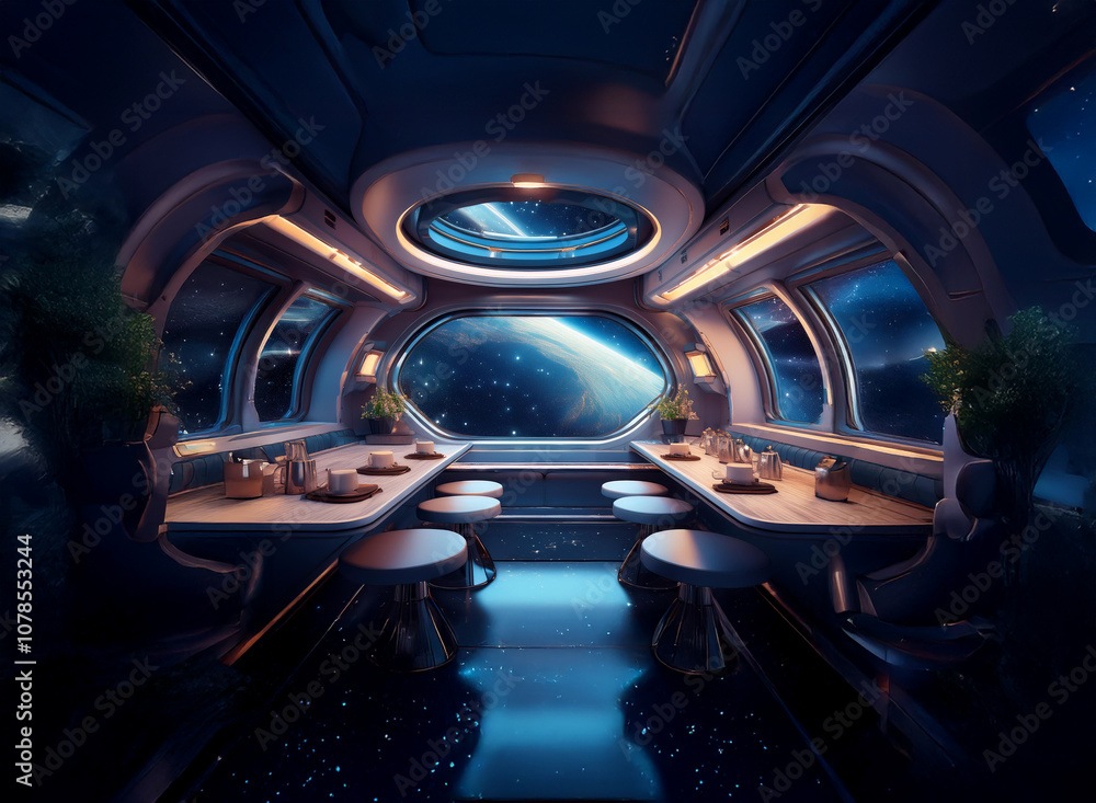 Poster a futuristic dining room with a large window offering a breathtaking view of earth and the vastness 