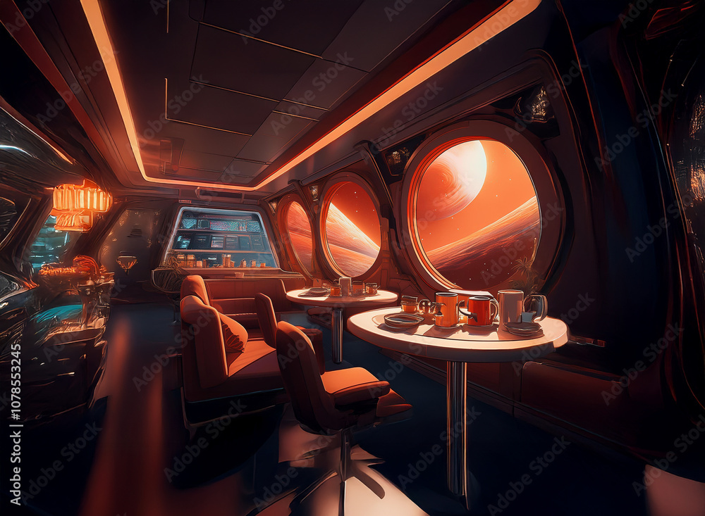 Aufkleber A futuristic cafe with large circular windows overlooking a red planet with rings.