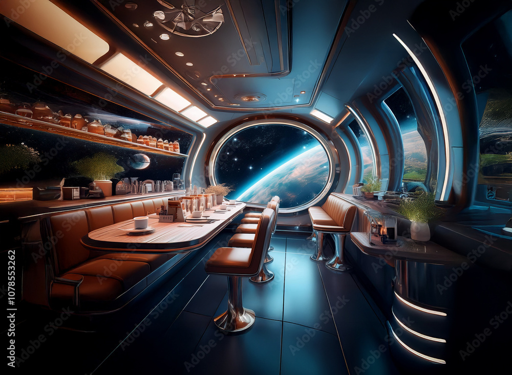 Poster A futuristic space station dining area with a large window overlooking a distant planet.
