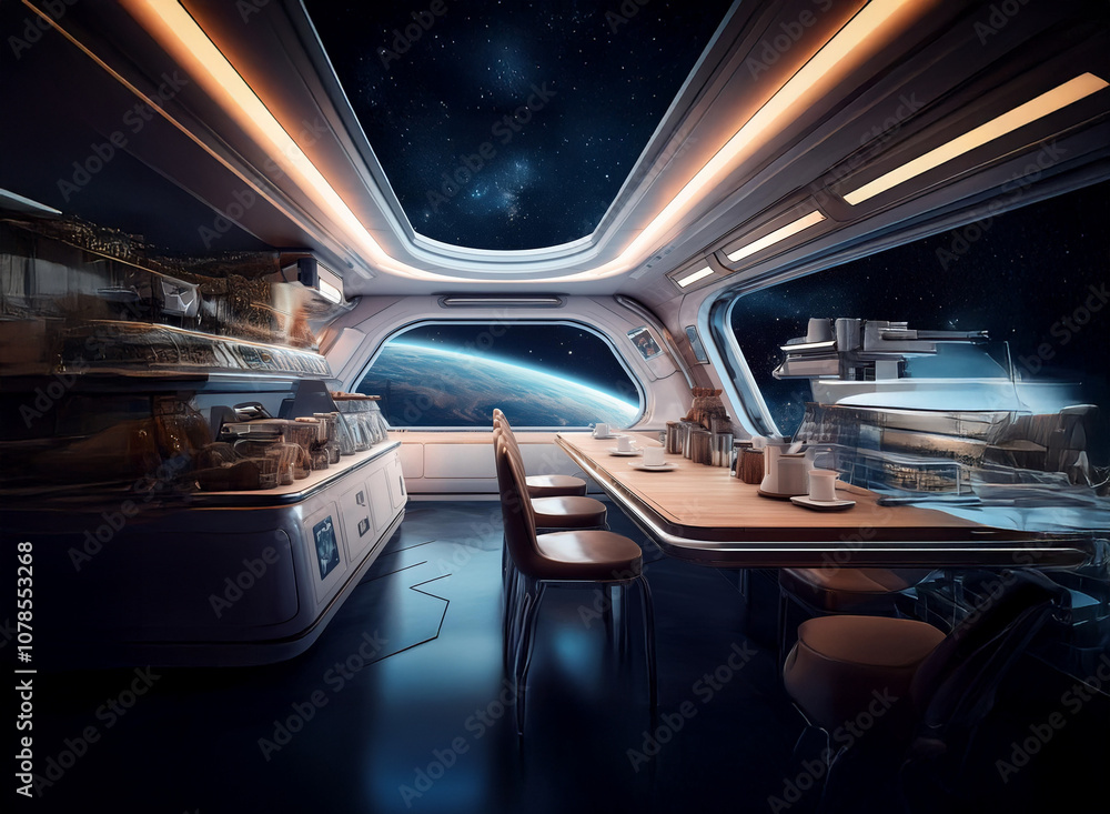 Poster a futuristic cafe with large windows offering a breathtaking view of earth from space.