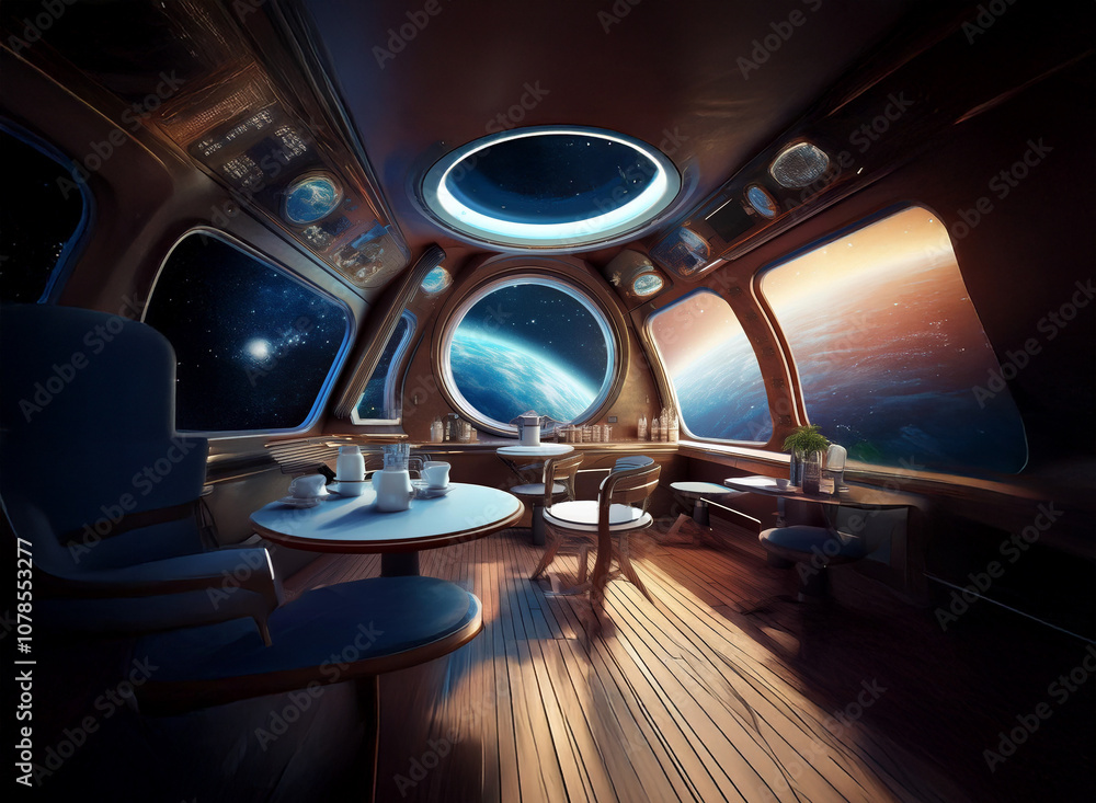 Poster a spaceship cabin with a large viewport overlooking a sunrise over earth and a view of the milky way