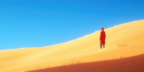 Fototapeta premium A solitary figure in a vibrant landscape under a clear blue sky and golden dunes.