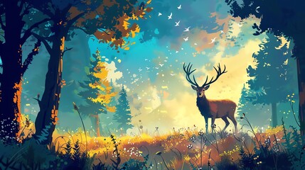 A painting of a deer in a forest with sun shining through the trees.