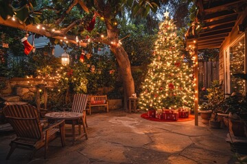 Christmas scene in a Californian backyard, with a decorated tree, outdoor seating, and a warm holiday atmosphere, minimal background with copy space
