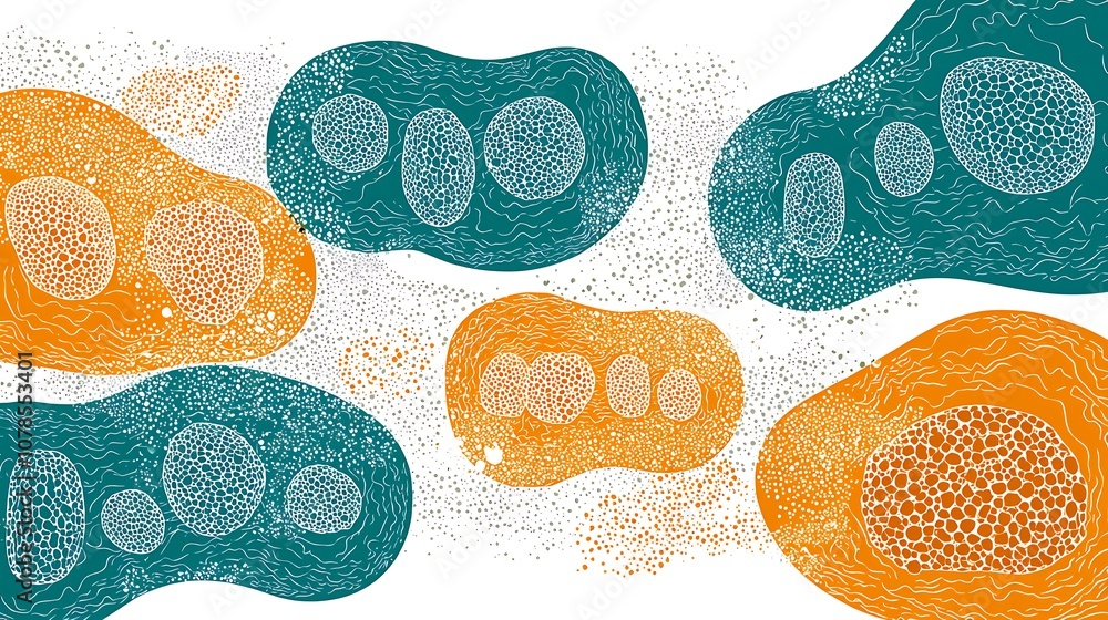 Poster abstract illustration of microorganisms in vibrant colors representing biochemical processes and cel