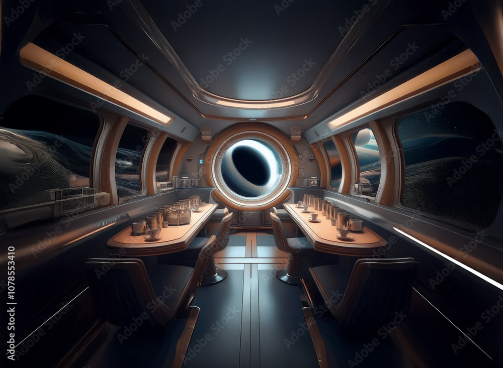 Poster The interior of a spaceship with large windows showing a view of planets and a black hole in the distance.
