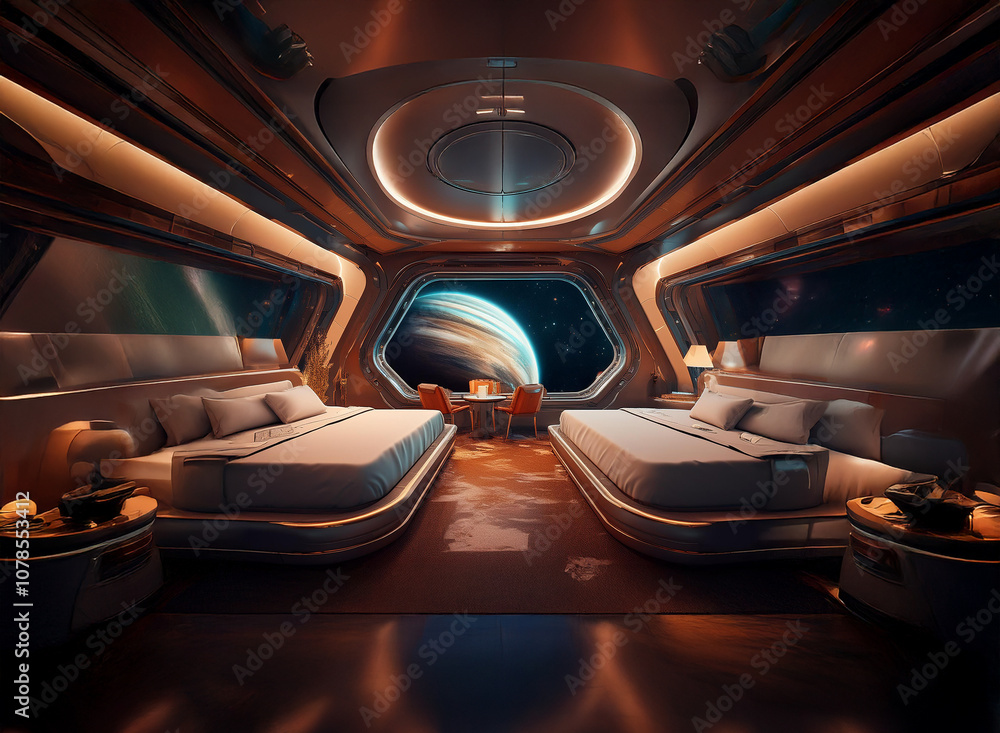 Aufkleber a futuristic bedroom with two beds, a large window overlooking a planet, and a small table with a la