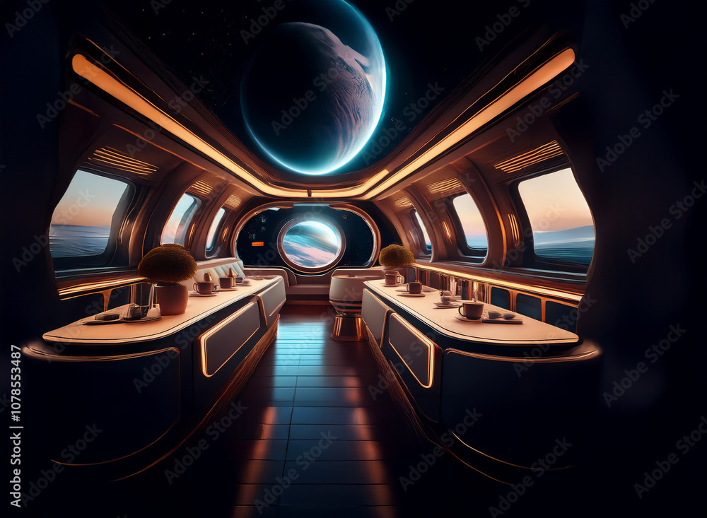 Aufkleber a futuristic spaceship interior with large windows showcasing a distant planet and a starry sky.