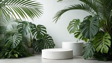 Fototapeta premium Minimalist Photography of Lush Green Tropical Palm Leaves - Overlapping Foliage in a Serene Setting for Nature-Inspired Product Presentation and Design
