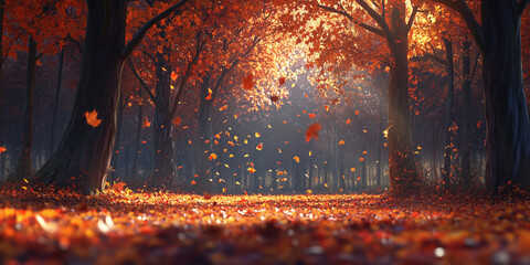 Fototapeta premium A 3D autumn forest scene with vibrant orange, yellow, and red leaves gently falling from the trees. The forest floor is covered with fallen leaves, and soft light filters through the branches.