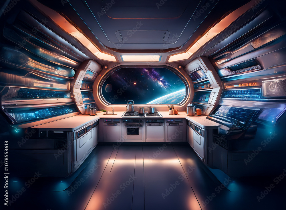 Poster A futuristic kitchen with a large window overlooking a distant planet and a starry sky.