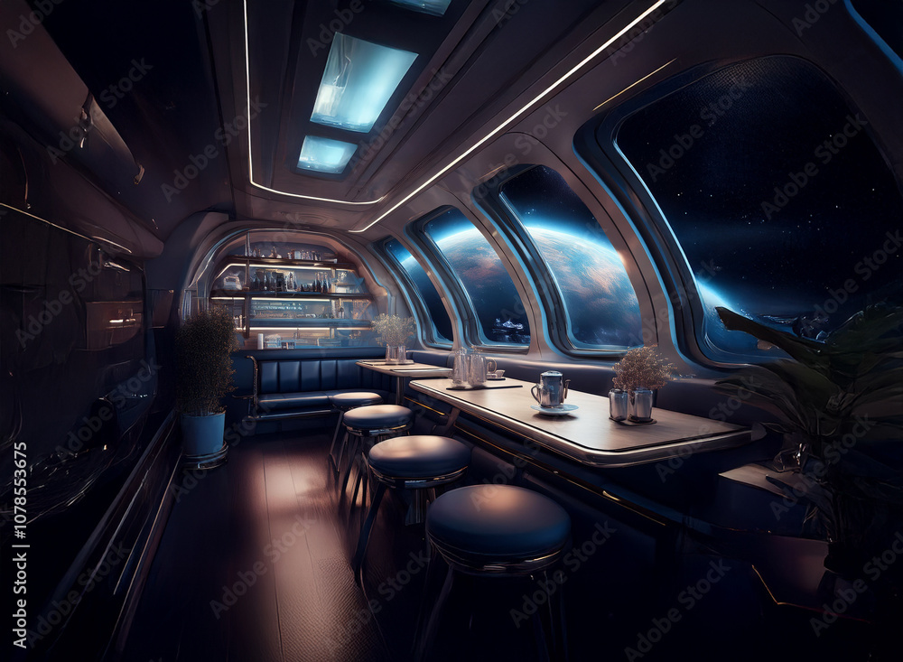 Poster a futuristic spaceship lounge with large windows overlooking a planet.