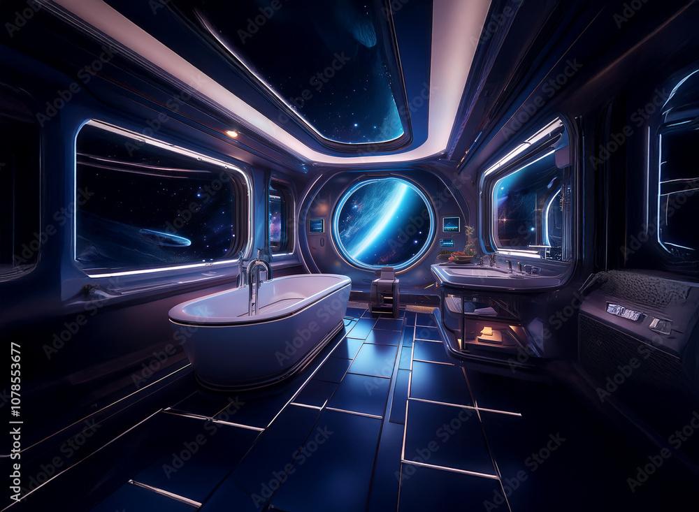 Poster a futuristic bathroom with a large window overlooking a distant planet and a starry sky.