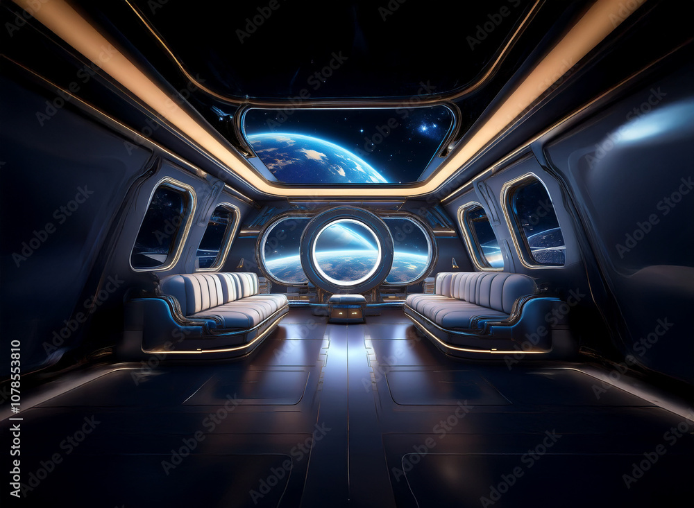 Poster The interior of a futuristic spaceship with large windows looking out at space and a planet.