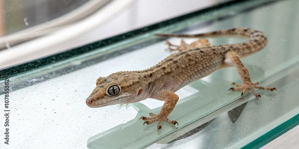 Poster minimalist photo of a house gecko clinging to glass with visible claws in a clean and simple composi