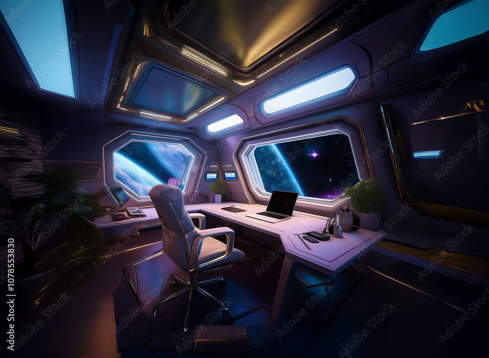 Poster a futuristic office space with a large window overlooking a vibrant planet and starry sky.