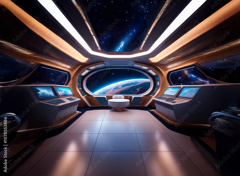 Aufkleber a futuristic spaceship interior with large windows offering a view of earth and the starry expanse o