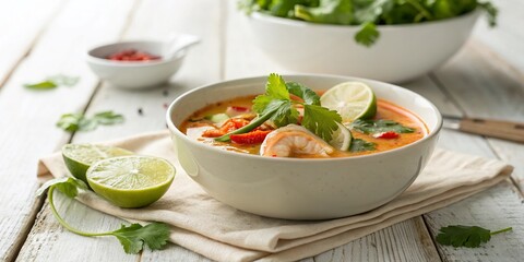 Minimalist Presentation of Tom Yum Soup in a White Bowl on a Wooden Table with Fresh Herbs and Lime, Emphasizing Simplicity and Flavorful Ingredients for Culinary Photography