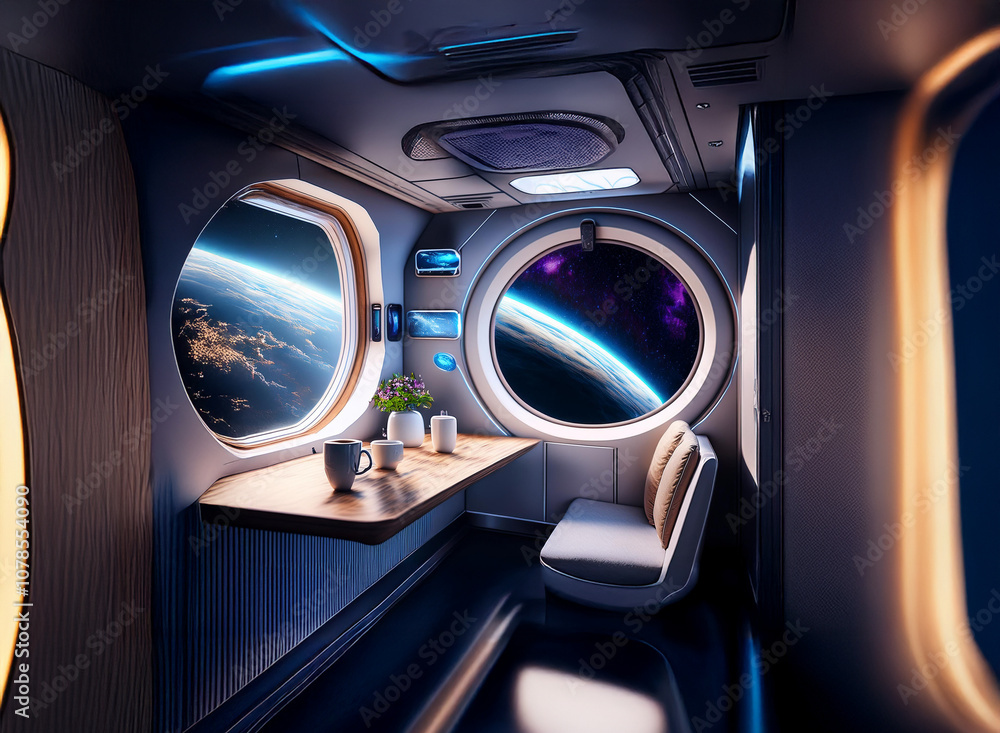 Poster the interior of a spaceship features a large window overlooking earth and space, with a table and se