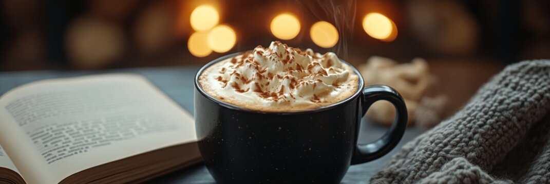 Cozy coffee cup with whipped cream beside an open book in a warm knitted setting
