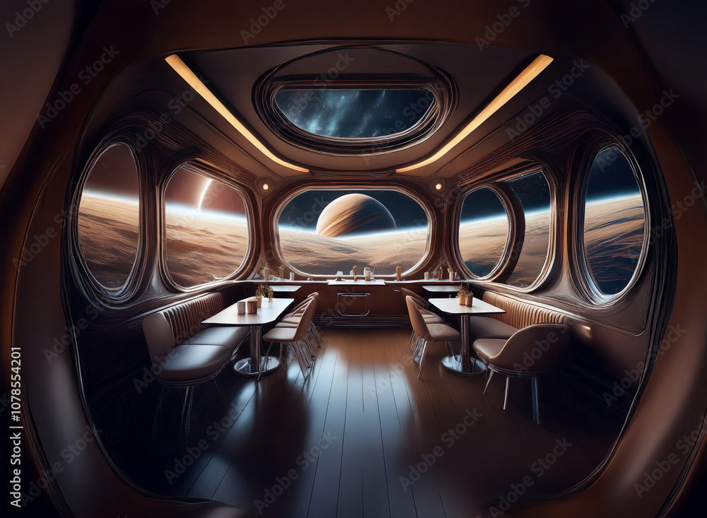 Poster a futuristic dining room with large windows overlooking a red planet and a gas giant.