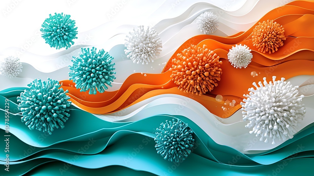 Aufkleber colorful abstract representation of microorganisms with curved waves and textured patterns in orange