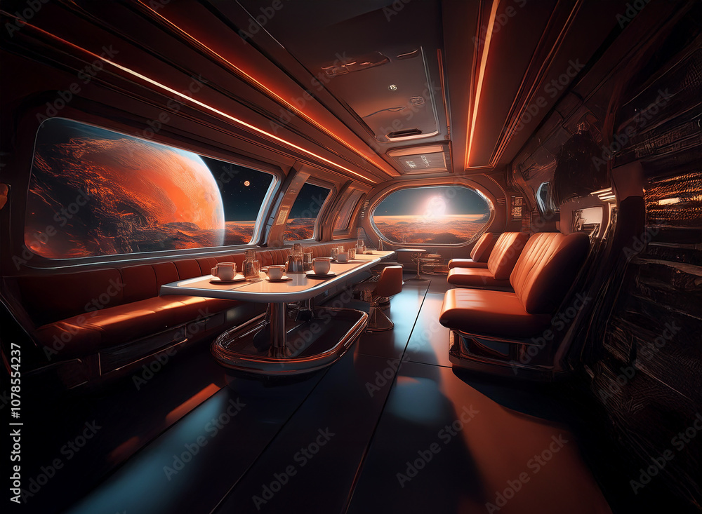 Poster the interior of a futuristic spacecraft with large windows overlooking a red planet and a distant st