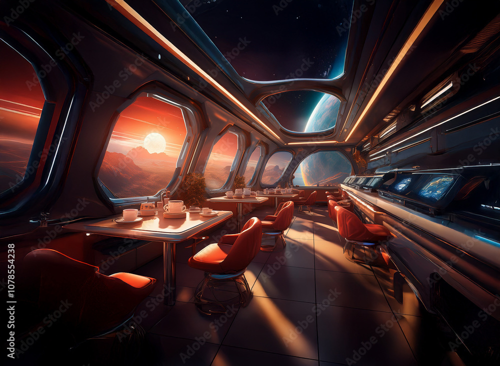 Poster A futuristic dining area with large windows overlooking a red sunset and a distant planet, featuring red seats and a table set for a meal.