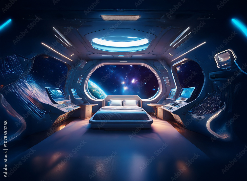 Poster A futuristic bedroom inside a spaceship with a large window overlooking a planet and stars.