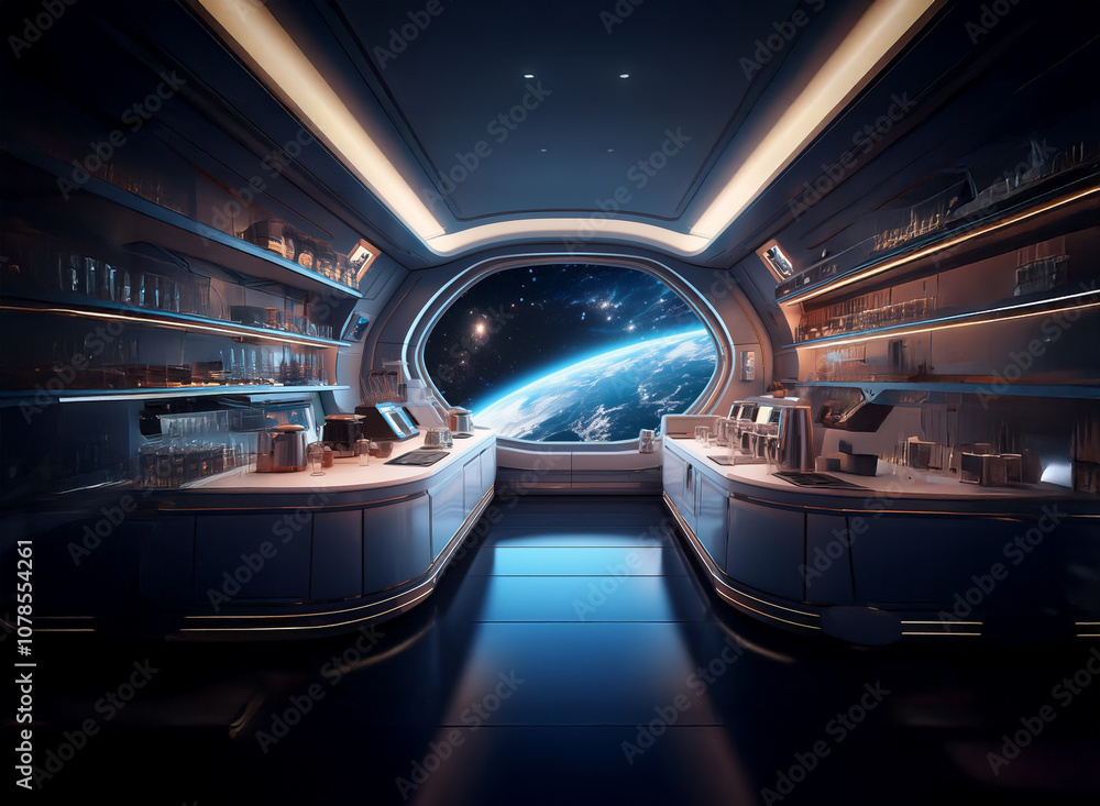 Poster a futuristic, spaceship interior with a large window revealing a view of earth from space.