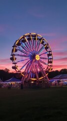 Fototapeta premium A vibrant ferris wheel illuminated at dusk in a bustling amusement park setting