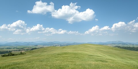 Obraz premium A stunning panoramic view of lush green hills beneath a bright blue sky with clouds.