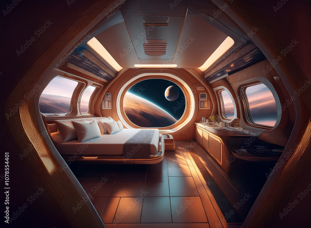 Poster A futuristic spaceship cabin with a large window overlooking a planet and moon in the distance. The room contains a bed and small kitchen area.
