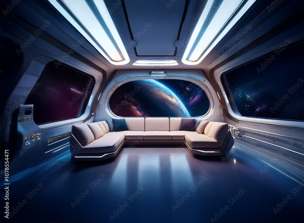 Aufkleber An interior view of a spaceship with large windows overlooking a planet.  The room contains a large couch and is illuminated by sleek modern lighting.