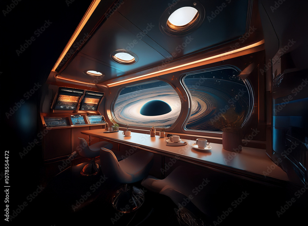 Aufkleber A spaceship interior with large windows overlooking a black hole with a ring of stars around it. A table is set with coffee cups and plates with food.