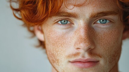 portrait of attractive redheaded young man on light background, closeup