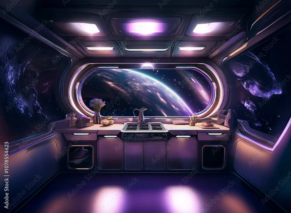 Poster a futuristic kitchen with a large window overlooking a distant planet, stars, and a swirling nebula 