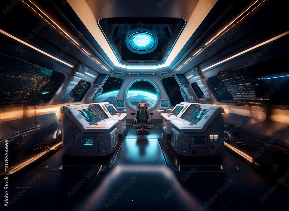 Aufkleber The interior of a futuristic spaceship with two control panels, a large window showing a view of Earth, and a single chair.