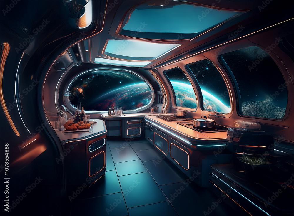 Poster a futuristic kitchen with a view of a distant planet and a star field through a large curved window.