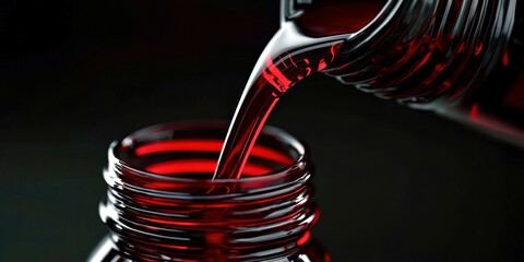 A bottle of red liquid is pouring out of a glass container