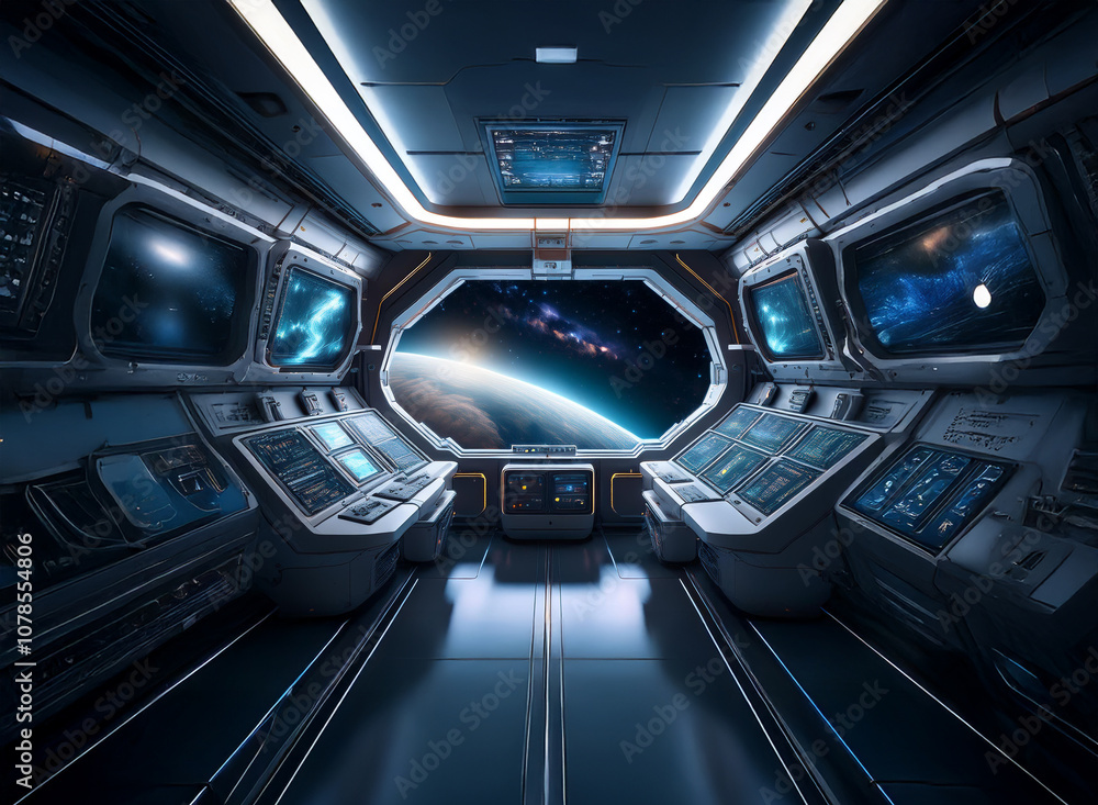 Poster The interior of a spaceship with a large window that looks out onto a distant planet and stars.