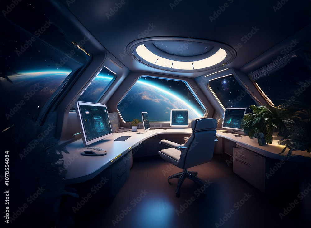 Poster a futuristic office with large windows looking out into space with earth visible in the distance.