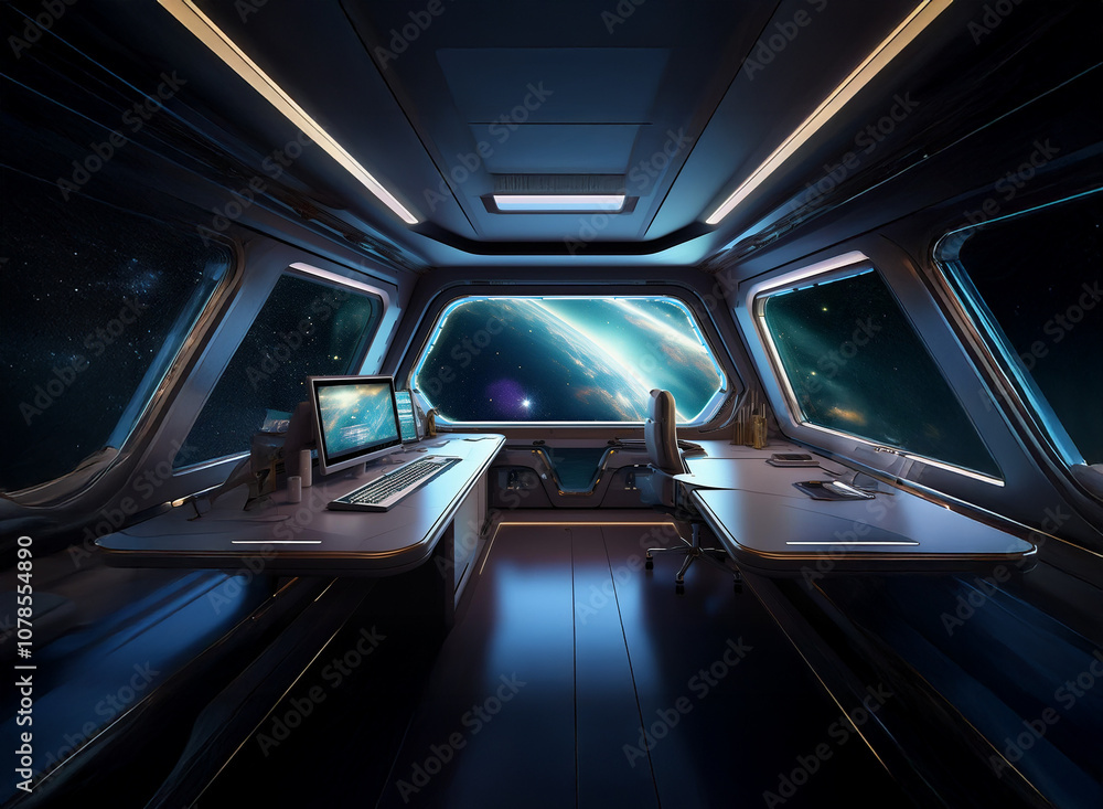 Poster a futuristic spaceship interior with large windows showcasing a distant, colorful nebula and a star 