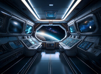 The interior of a spaceship with a large window that looks out onto a distant planet and stars.